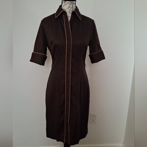 Vintage Express Cotton Shirtdress, Piping Piped Trim, in Size Small 4 Brown Tan